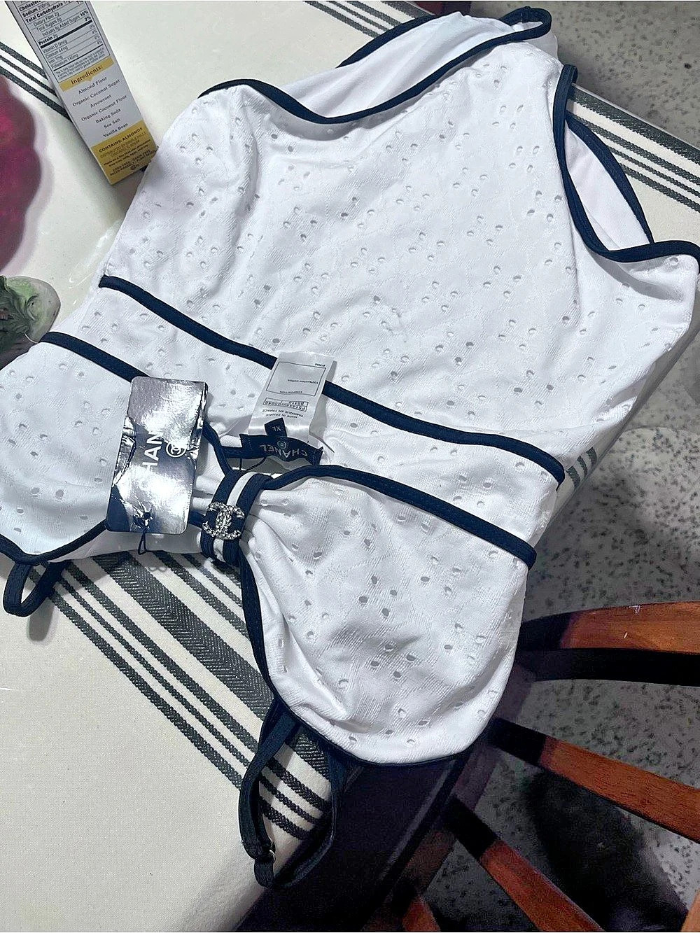 Chanel Eyelet Blouse in White & Black Size Small NWT